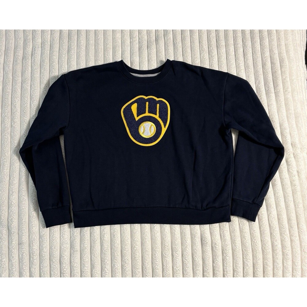 Milwaukee Brewers Antigua Crewneck Chenille Pullover Sweatshirt Navy wm XL $110+